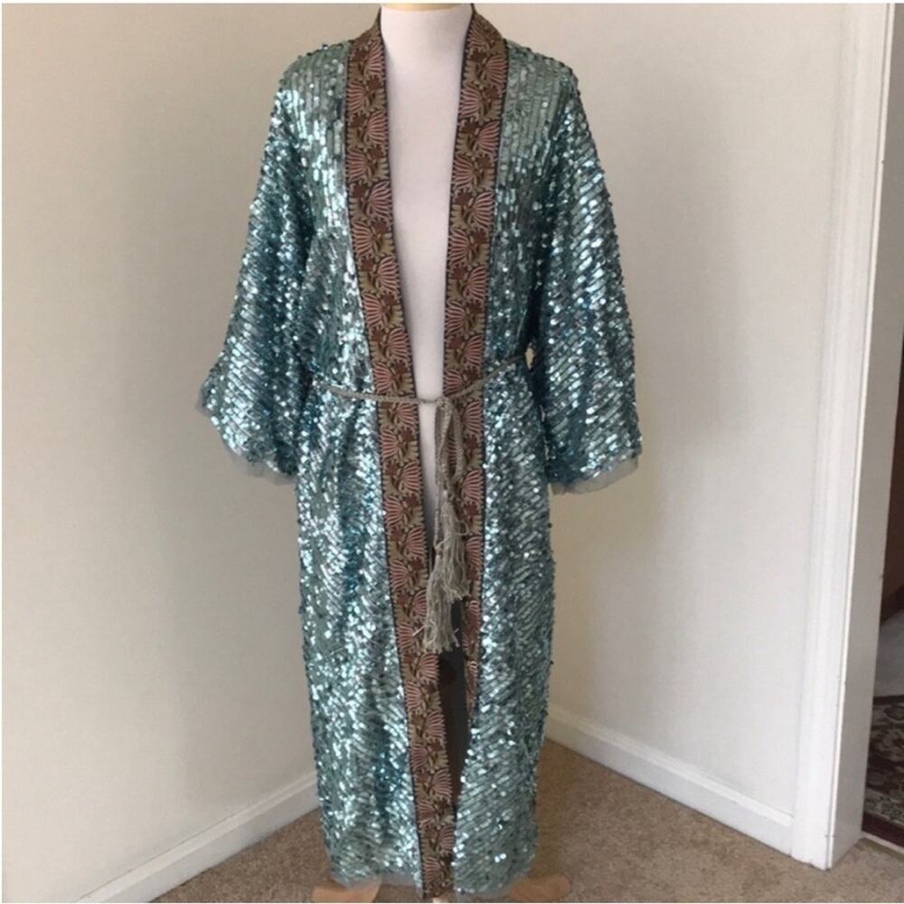 NWOT! Free people light is coming sequin duster long  maxi cardigan jacket large - Picture 13 of 13